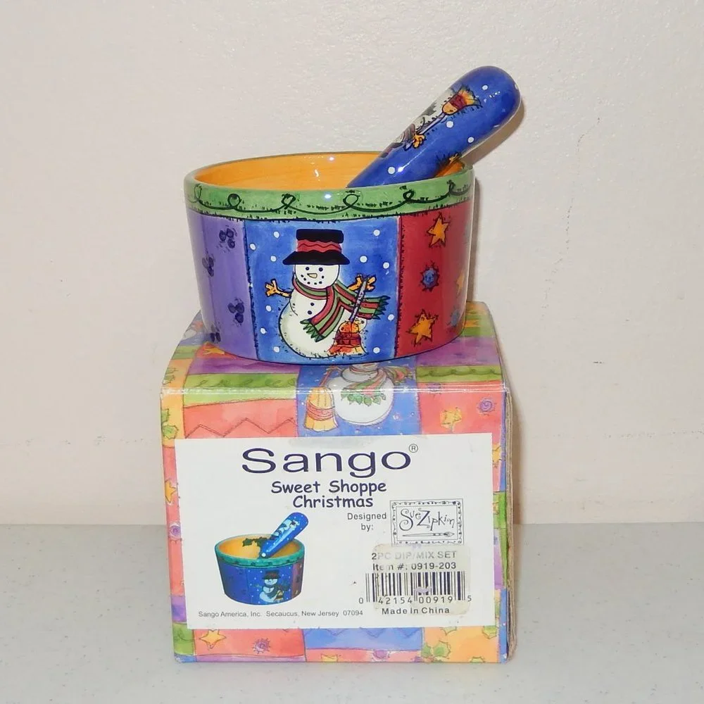 Sango Sweet Shoppe Christmas 2 Pc Dip Mix Spreader Knife Dish Set New In Box